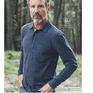 Faherty Blue Luxe Solid Heather Pocket Long Sleeve Polo Shirt‎ XL